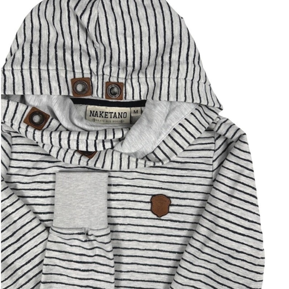 Naketano Brave New Word Mens Grey Striped Cowl Neck Hoodie Owl Patch Size M